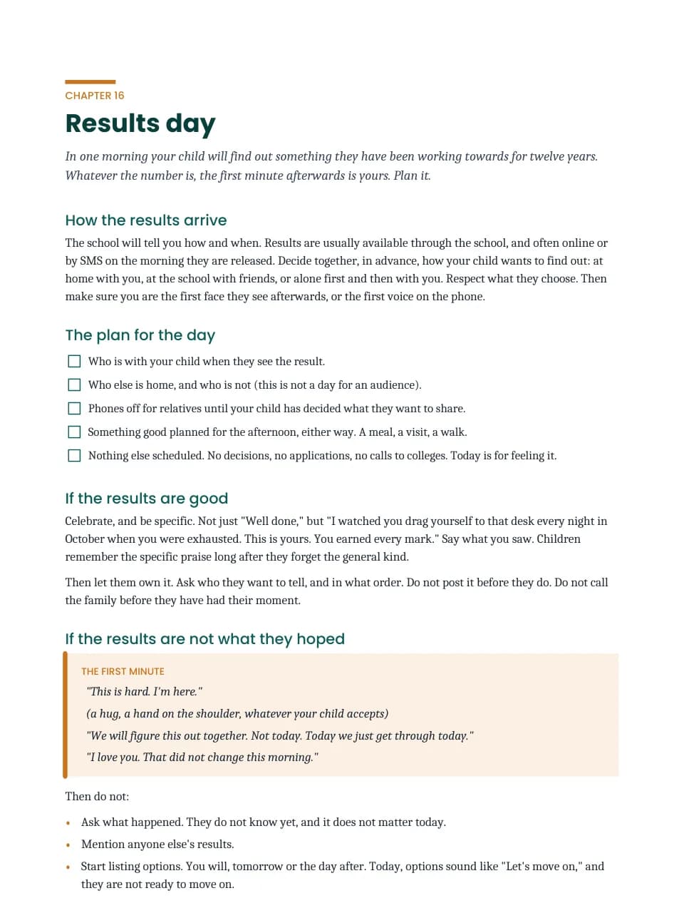A page from the guide about results day, with a plan for the day